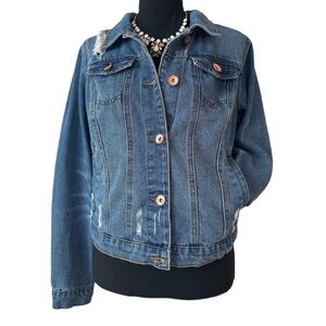 CISONO ~ Distressed Medium Wash Blue Denim Jacket w/Rose Gold Rivet Buttons